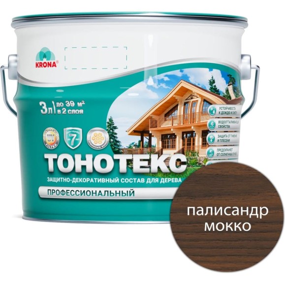 Защитно-декоративный состав для дерева KRONA Тонотекс палисандр-мокко, 3 л 66335029 Защитно-декоративный состав для дерева KRONA Тонотекс палисандр-мокко, 3 л 66335029