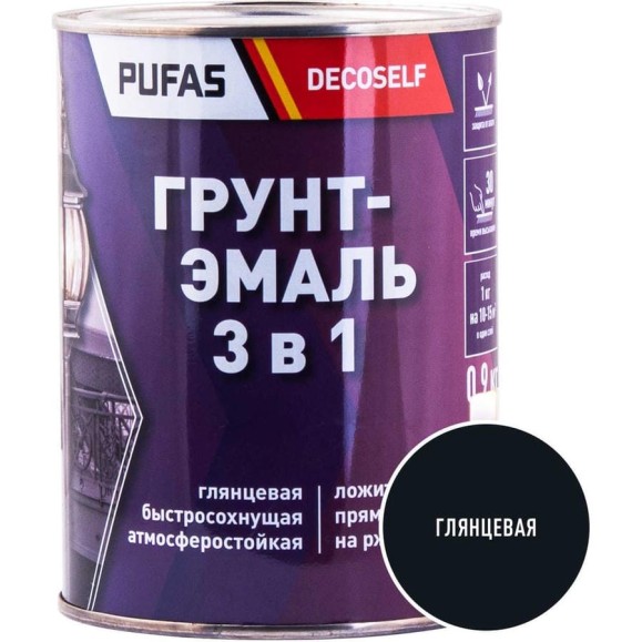 Грунт-эмаль Pufas 3 в 1 черная глянц. Decoself 0,9кг тов-200096 Грунт-эмаль Pufas 3 в 1 черная глянц. Decoself 0,9кг тов-200096