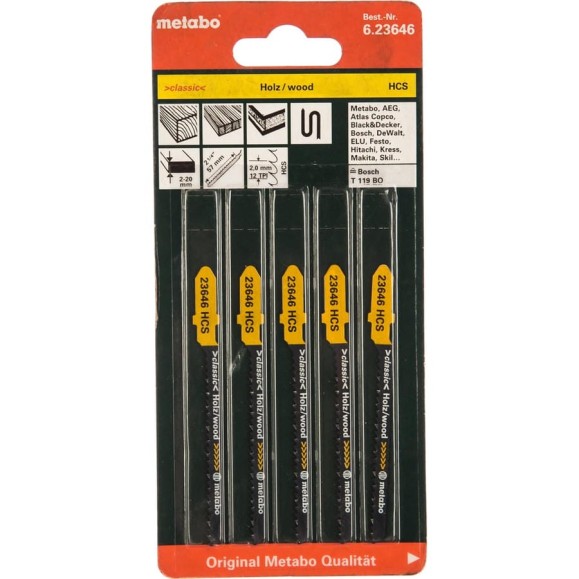 Пилки T119BO по дереву Classic 5 шт. (51х2 мм; HCS) Metabo 623646000