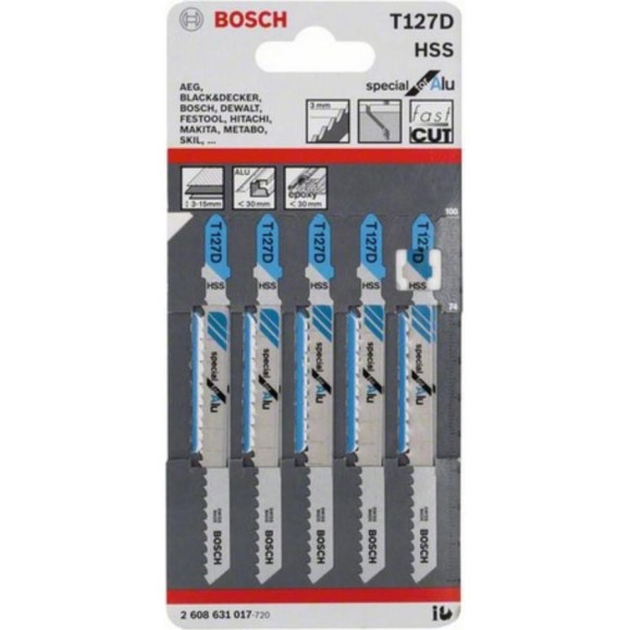 Набор пилок для лобзика по металлу (74 мм; 5 шт.) HSS T127 D Bosch 2.608.631.017 Набор пилок для лобзика по металлу (74 мм; 5 шт.) HSS T127 D Bosch 2.608.631.017