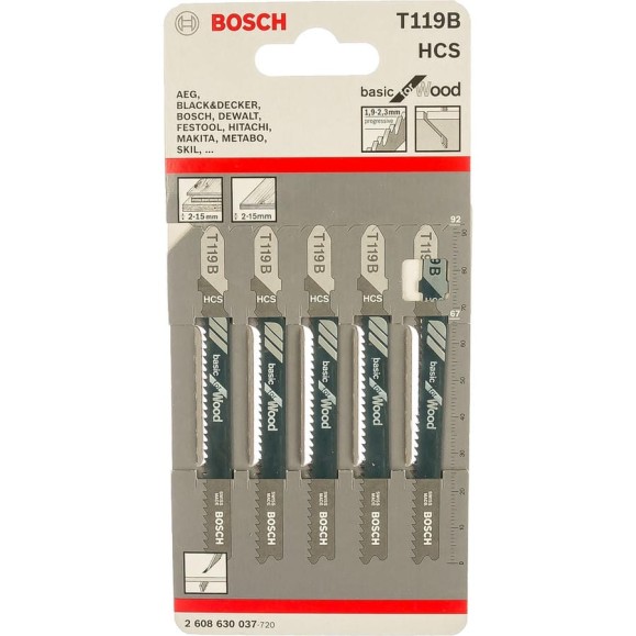 Пилка для лобзика по дереву (67 мм; 5 шт.) HCS T 119 B Bosch 2.608.630.037 Пилка для лобзика по дереву (67 мм; 5 шт.) HCS T 119 B Bosch 2.608.630.037