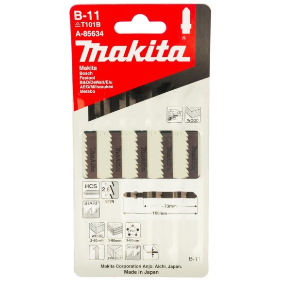 Набор пилок для лобзика по дереву 5 шт. (75х2,8 мм) Makita A-85634 Набор пилок для лобзика по дереву 5 шт. (75х2,8 мм) Makita A-85634