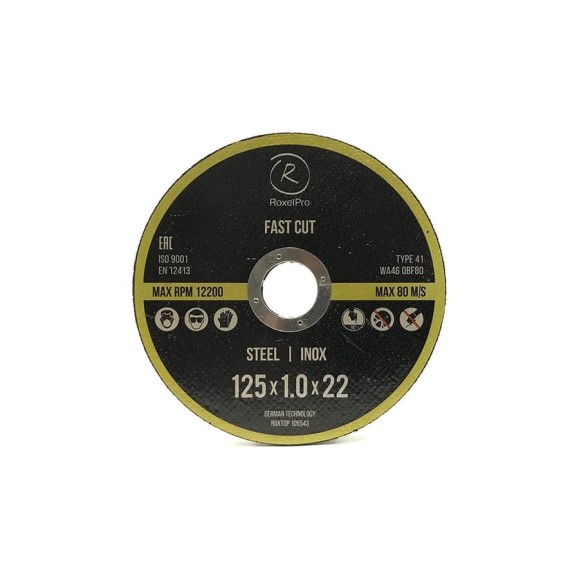 Круг отрезной ROXTOP FAST CUT (50 шт; 125x1.0x22 мм; Т41) RoxelPro 105543 Круг отрезной ROXTOP FAST CUT (50 шт; 125x1.0x22 мм; Т41) RoxelPro 105543