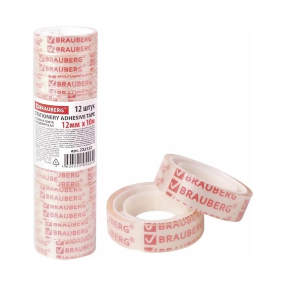 Канцелярская клейкая лента BRAUBERG 12 мм х 10 м, 12 шт., прозрачная 223122 Канцелярская клейкая лента BRAUBERG 12 мм х 10 м, 12 шт., прозрачная 223122