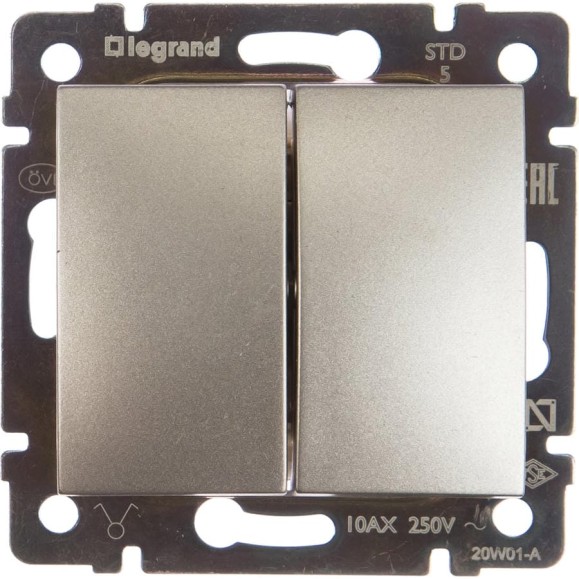 Выключатель Legrand двухклавишный Legrand Valena 10А 250В схема 5 безвинтовые зажимы алюминий 694337 Выключатель Legrand двухклавишный Legrand Valena 10А 250В схема 5 безвинтовые зажимы алюминий 694337