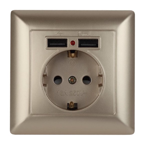 Розетка+USB Intro 441004 PE Schuko со шторками, 16А, 250В 2хUSB, СУ, Solo, Б0043406