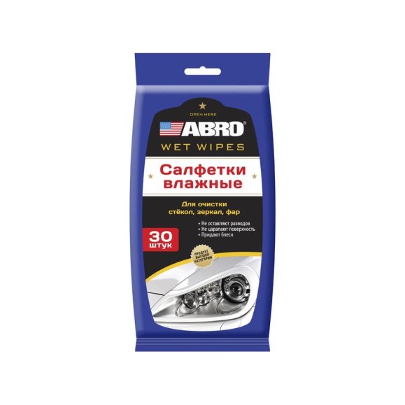 Влажные салфетки для фар, стекол и зеркал ABRO INDUSTRIES INC 30 шт. CW-100-G Влажные салфетки для фар, стекол и зеркал ABRO INDUSTRIES INC 30 шт. CW-100-G
