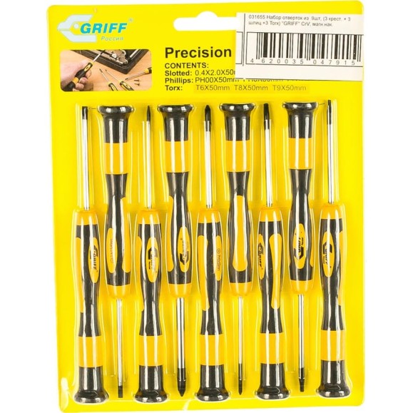 Набор отверток из 9шт, /3 крест. + 3 шлиц.+3 Torx/ CrV, магнитный наконечник GRIFF 031655 Набор отверток из 9шт, /3 крест. + 3 шлиц.+3 Torx/ CrV, магнитный наконечник GRIFF 031655