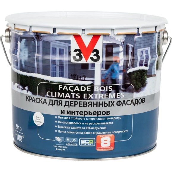 Краска для деревянных фасадов и интерьеров V33 CLIMATS EXTREMES полуглянцевая база А 110384 Краска для деревянных фасадов и интерьеров V33 CLIMATS EXTREMES полуглянцевая база А 110384