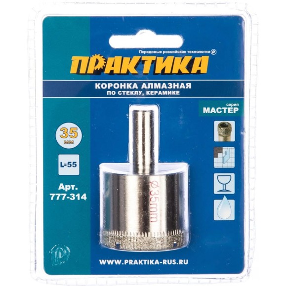 Коронка алмазная по стеклу и керамике (35 мм) ПРАКТИКА 777-314 Коронка алмазная по стеклу и керамике (35 мм) ПРАКТИКА 777-314