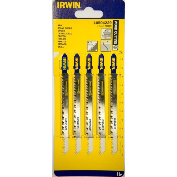 Пилка T301CD (5 шт; 117 мм; 8TPI; HCS) для электролобзика Irwin 10504229 Пилка T301CD (5 шт; 117 мм; 8TPI; HCS) для электролобзика Irwin 10504229