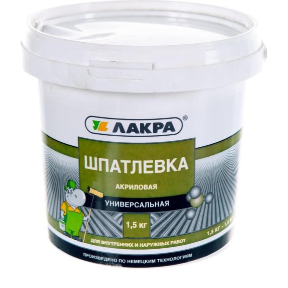 Шпатлевка акриловая универсальная для внутренних и наружных работ 1,5кг Лакра 90005285936 Шпатлевка акриловая универсальная для внутренних и наружных работ 1,5кг Лакра 90005285936