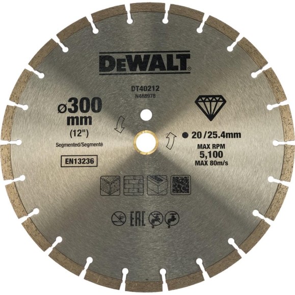 Круг алмазный сегментированный 300х25.4/20 мм DEWALT DT40212 Круг алмазный сегментированный 300х25.4/20 мм DEWALT DT40212
