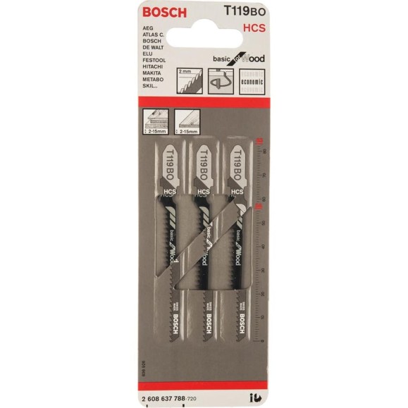 Пилки T119BO для лобзиков 3 шт. (56 мм; HCS; криволинейный рез) BOSCH 2.608.637.788 Пилки T119BO для лобзиков 3 шт. (56 мм; HCS; криволинейный рез) BOSCH 2.608.637.788