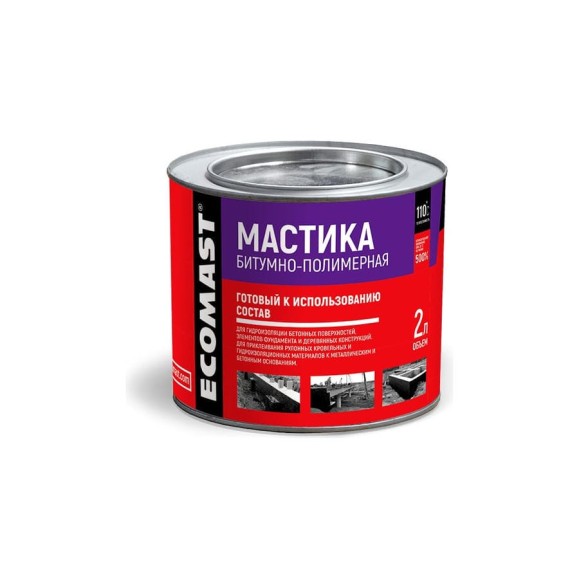 Битумно-полимерная мастика ECOMAST 2л, металлическая упаковка 24593 Битумно-полимерная мастика ECOMAST 2л, металлическая упаковка 24593