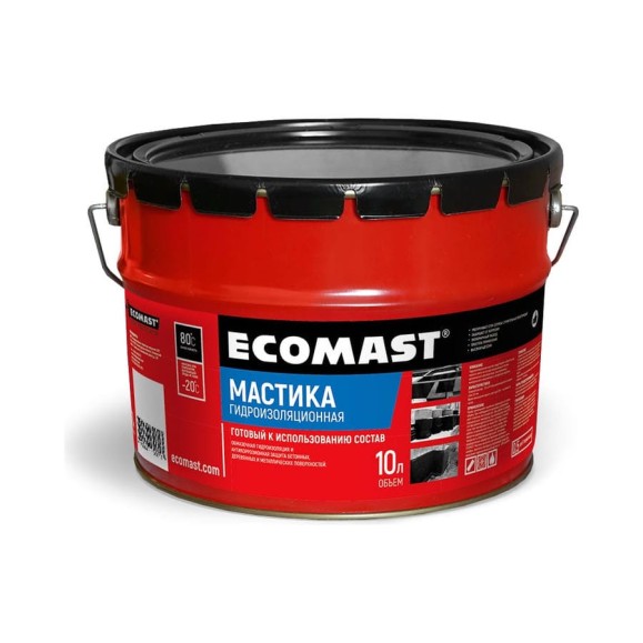 Гидроизоляционная мастика ECOMAST 10л, металлическая упаковка 24621 Гидроизоляционная мастика ECOMAST 10л, металлическая упаковка 24621
