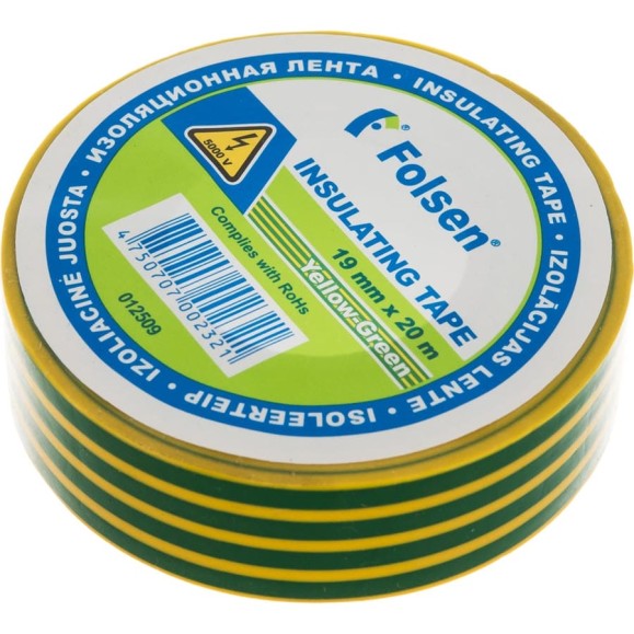 Изоляционная лента Folsen 19ммx20м желто-зеленая 012509