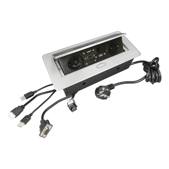 Выдвижной горизонтальный блок розеток DORI 2 розетки +2USB +1HDMI +1VGA с кабелем 2м GLS 45663