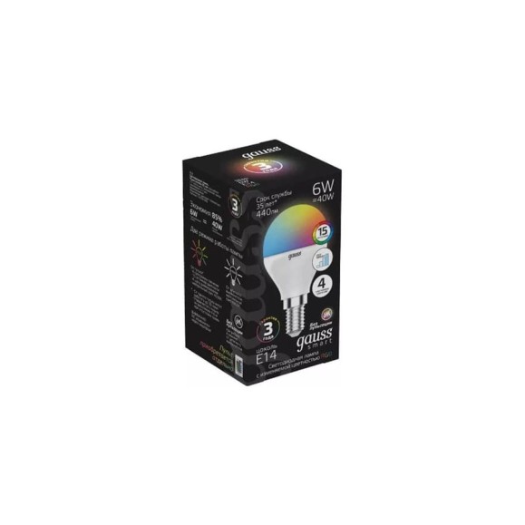 Лампа Gauss Smart LED, шар, G45, 6W, E14, RGBW+dim, 1/10/100 105101406