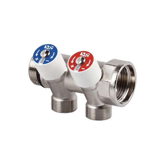 Распределительный коллектор со встроенными клапанами SR Rubinetterie 3/4"х1/2", на 2 выхода 0054-2000N200 Распределительный коллектор со встроенными клапанами SR Rubinetterie 3/4"х1/2", на 2 выхода 0054-2000N200