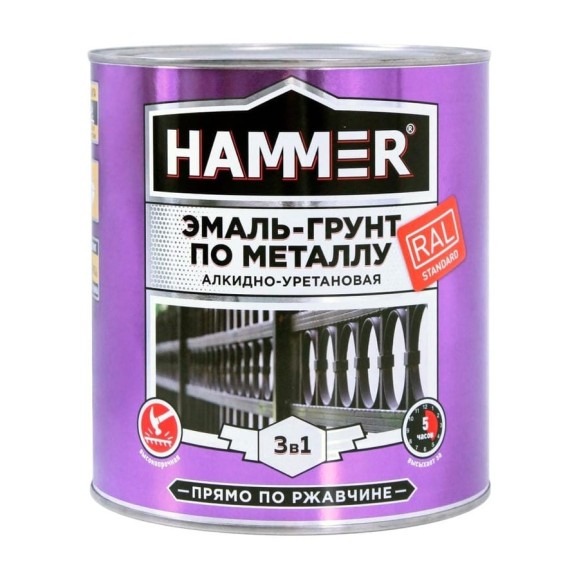 Эмаль-грунт по металлу HAMMER 3в1 АУ п/гл RAL 3005 винно-красный 2,7 кг ЭК000133636 Эмаль-грунт по металлу HAMMER 3в1 АУ п/гл RAL 3005 винно-красный 2,7 кг ЭК000133636