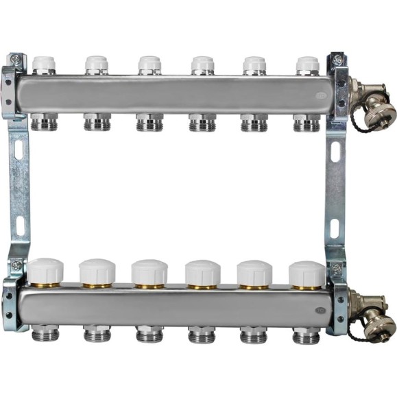 Коллекторная группа из нержавеющей стали COLSYS 805R 6 выходов, с отсечными, термостатическими и дренажными клапанами 1805R22506 Коллекторная группа из нержавеющей стали COLSYS 805R 6 выходов, с отсечными, термостатическими и дренажными клапанами 1805R22506
