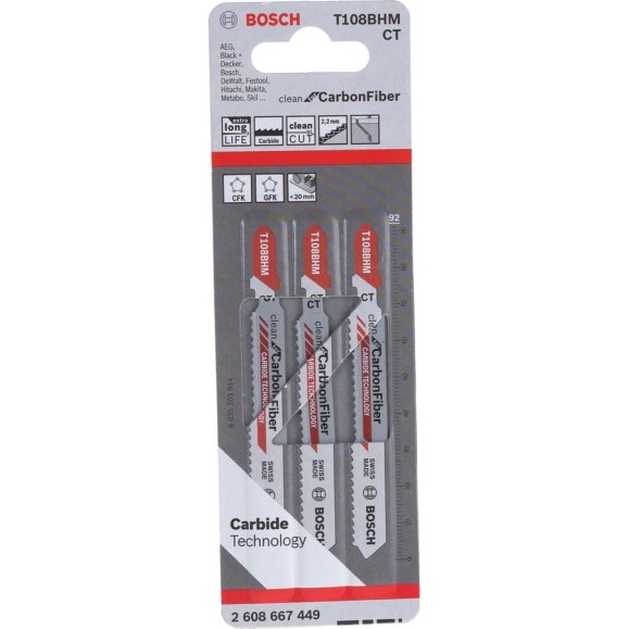 Пилки CleanCarbonFiber (92 мм; тип T108BHM; 3 шт.) для лобзика Bosch 2608667449 Пилки CleanCarbonFiber (92 мм; тип T108BHM; 3 шт.) для лобзика Bosch 2608667449