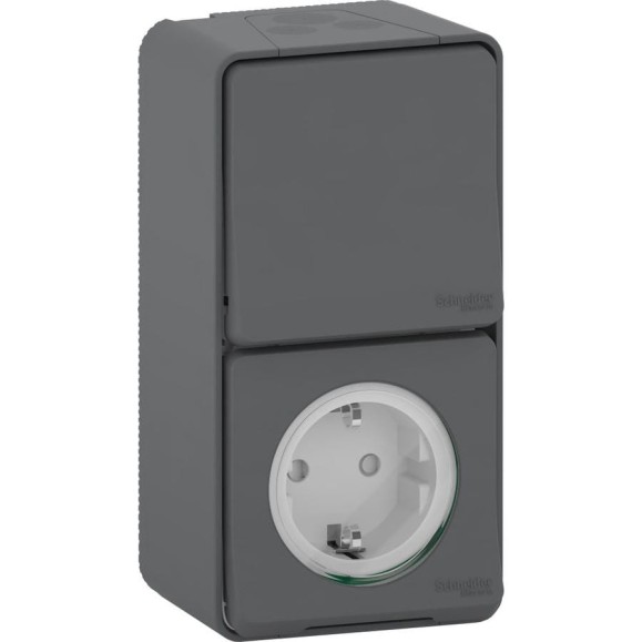 Блок розетка+переключатель Systeme Electric открытой проводки Mureva IP55 антрацит MUR36024