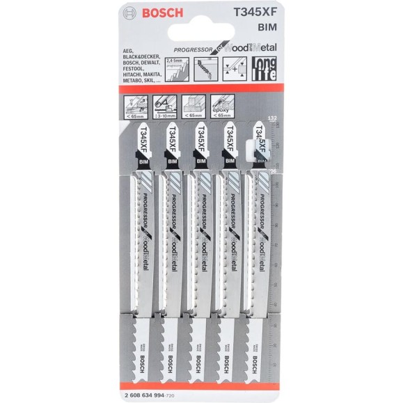 Пилки для лобзика универсальные (106 мм; 5 шт.) T345XF Bosch 2.608.634.994 Пилки для лобзика универсальные (106 мм; 5 шт.) T345XF Bosch 2.608.634.994