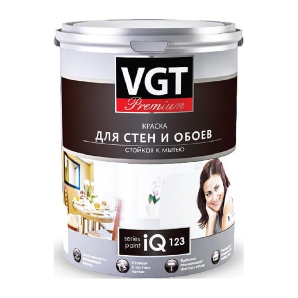 Краска для стен и обоев VGT PREMIUM iQ123 база С, стойкая к мытью, 2 л /2,7 кг 11606063 Краска для стен и обоев VGT PREMIUM iQ123 база С, стойкая к мытью, 2 л /2,7 кг 11606063