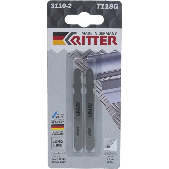 Пилки по стали Т118G (2 шт; 75х50 мм; шаг 0.9 мм; 28TPi; HSS) для лобзиков RITTER 3110-2 Пилки по стали Т118G (2 шт; 75х50 мм; шаг 0.9 мм; 28TPi; HSS) для лобзиков RITTER 3110-2