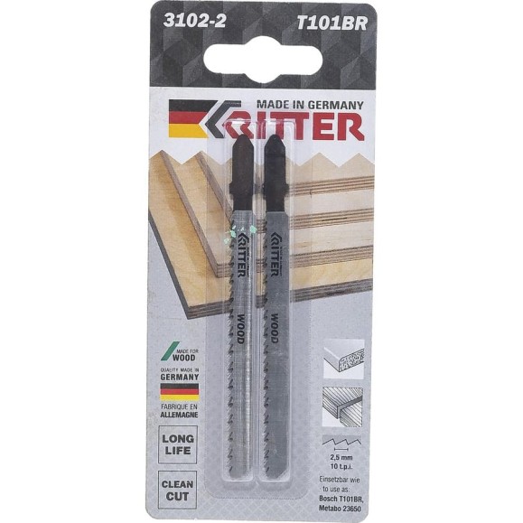 Пилки по дереву Т101BR (2 шт; 100х75 мм; шаг 2.5 мм; 10TPi; CrV) для лобзиков RITTER 3102-2 Пилки по дереву Т101BR (2 шт; 100х75 мм; шаг 2.5 мм; 10TPi; CrV) для лобзиков RITTER 3102-2