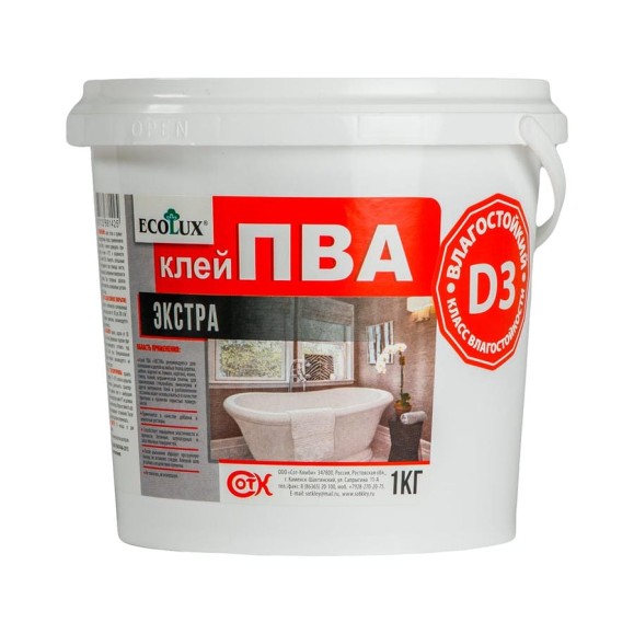 Экстра влагостойкий клей ПВА ECOLUX D3 1 кг 4607133681425 Экстра влагостойкий клей ПВА ECOLUX D3 1 кг 4607133681425
