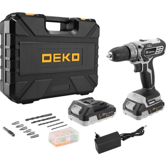 Аккумуляторная дрель-шуруповерт DEKO DKCD20 Black Edition SET 3 в кейсе + набор 63 инструмента, 20В, 2.0Ач 063-4050