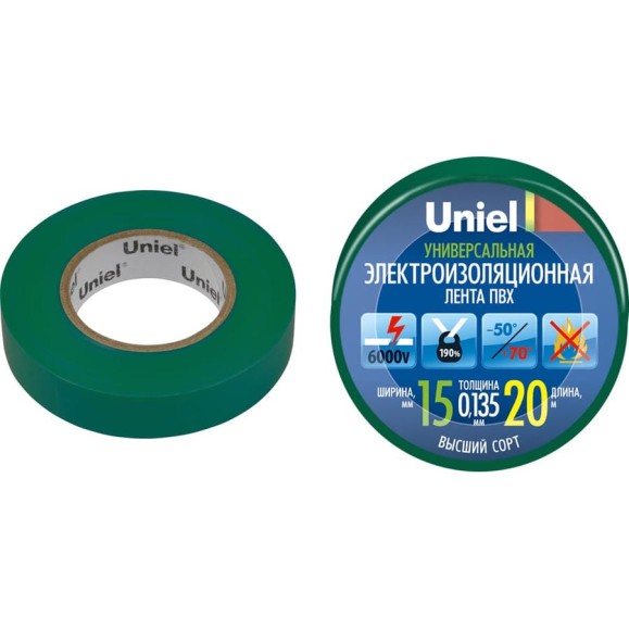 Изоляционная лента Uniel 20/15/01 GRN UIT-135P 4486 Изоляционная лента Uniel 20/15/01 GRN UIT-135P 4486