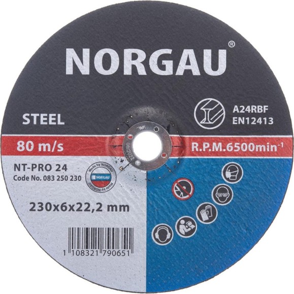 Диск шлифовальный армированный по стали NT-PRO 24 (230x6х22.2 мм) NORGAU 083250230 Диск шлифовальный армированный по стали NT-PRO 24 (230x6х22.2 мм) NORGAU 083250230