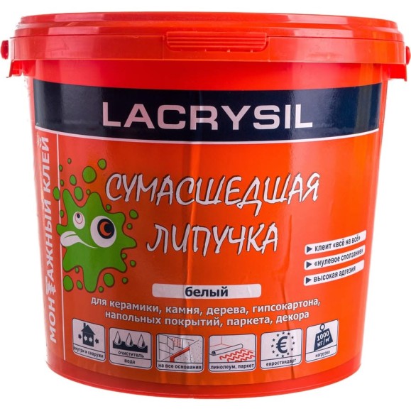 Клей универсальный монтажный Сумасшедшая липучка белый 6 кг LACRYSIL 14 Клей универсальный монтажный Сумасшедшая липучка белый 6 кг LACRYSIL 14