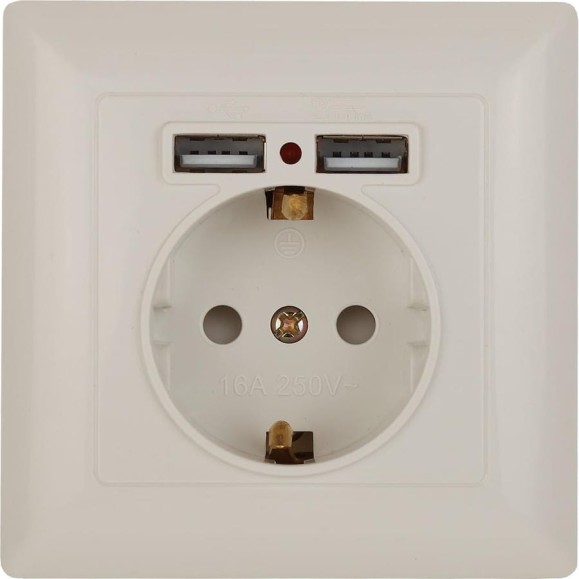 Розетка+USB Intro 441002 PE Schuko со шторками, 16А, 250В 2хUSB, СУ, Solo, Б0043404