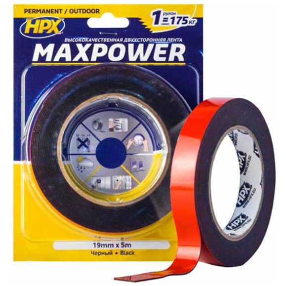 Двухсторонняя лента HPX OT1905 MAXPOWER 19 мм х 5 м, черная 5425014228281 Двухсторонняя лента HPX OT1905 MAXPOWER 19 мм х 5 м, черная 5425014228281