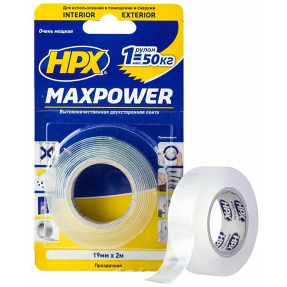 Двухсторонняя лента HPX HT1902 MAXPOWER 19 мм х 2 м, прозрачная, блистер 5425014224627 Двухсторонняя лента HPX HT1902 MAXPOWER 19 мм х 2 м, прозрачная, блистер 5425014224627
