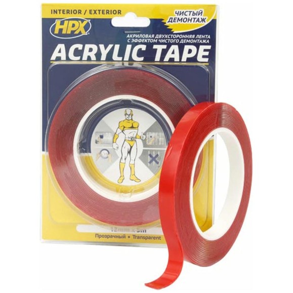 Двухсторонняя лента HPX TT1205 ACRYLIC TAPE 12 мм х 5 м, прозрачная 5425014227673 Двухсторонняя лента HPX TT1205 ACRYLIC TAPE 12 мм х 5 м, прозрачная 5425014227673