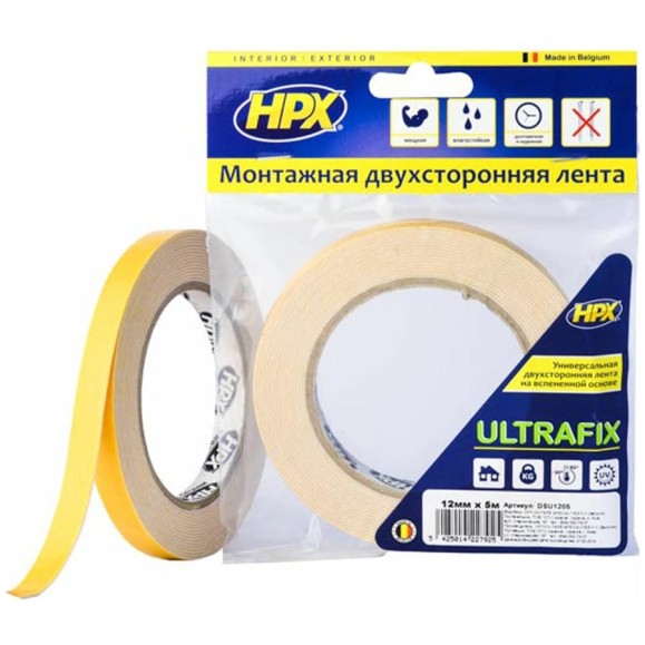 Двухсторонняя лента HPX DSU1205 ULTRAFIX 12 мм х 5 м, белая 5425014227925 Двухсторонняя лента HPX DSU1205 ULTRAFIX 12 мм х 5 м, белая 5425014227925