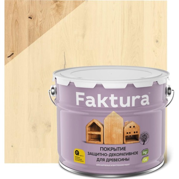 Биозащитное декоративное покрытие для дерева FAKTURA с льняным маслом и ионами серебра, беленый дуб, ведро 9 л 208459 Биозащитное декоративное покрытие для дерева FAKTURA с льняным маслом и ионами серебра, беленый дуб, ведро 9 л 208459