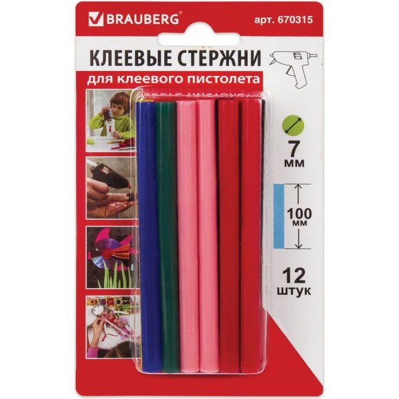 Клеевые стержни цветные (12 шт; 7х100 мм; 6 цветов) BRAUBERG 670315 Клеевые стержни цветные (12 шт; 7х100 мм; 6 цветов) BRAUBERG 670315