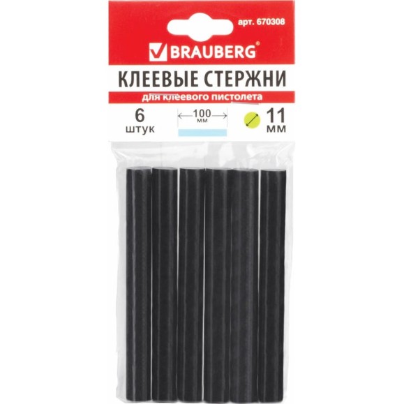 Клеевые стержни (6 шт; 11х100 мм; черные) BRAUBERG 670308 Клеевые стержни (6 шт; 11х100 мм; черные) BRAUBERG 670308