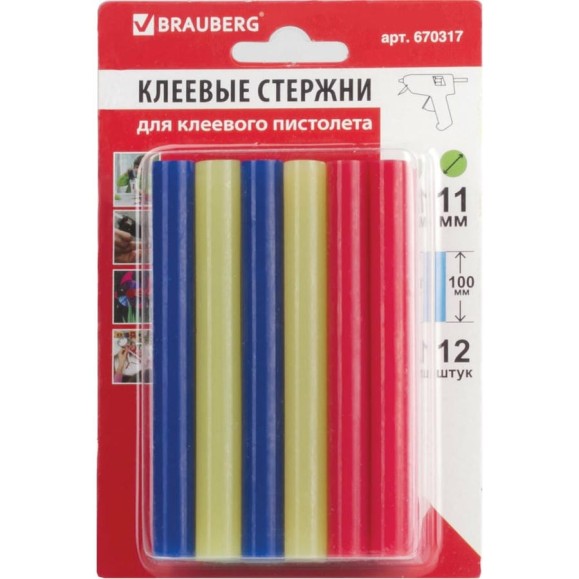 Клеевые стержни цветные (12 шт; 11х100 мм; 6 цветов) BRAUBERG 670317 Клеевые стержни цветные (12 шт; 11х100 мм; 6 цветов) BRAUBERG 670317