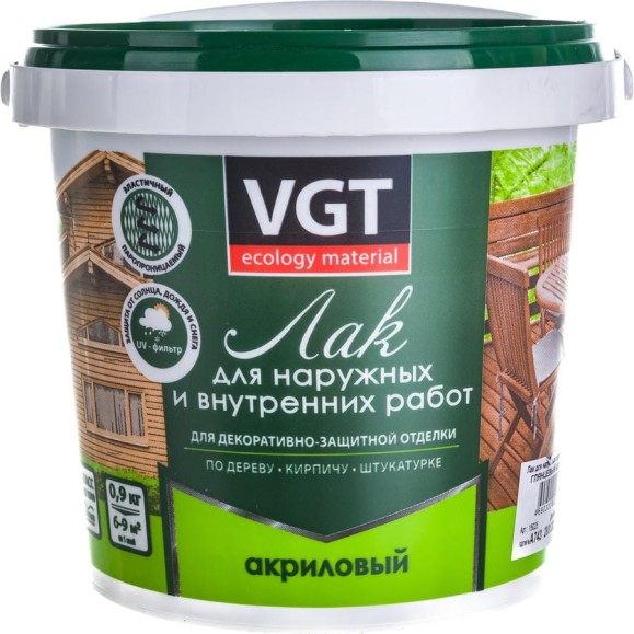 Акриловый лак VGT для наружных и внутренних работ, глянцевый, бесцветный 0,9 кг 11600826
