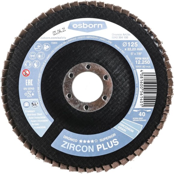 Диск лепестковый торцевой Zircon Plus G-AZ (125х22 мм; K40) Dronco 5242304100 Диск лепестковый торцевой Zircon Plus G-AZ (125х22 мм; K40) Dronco 5242304100