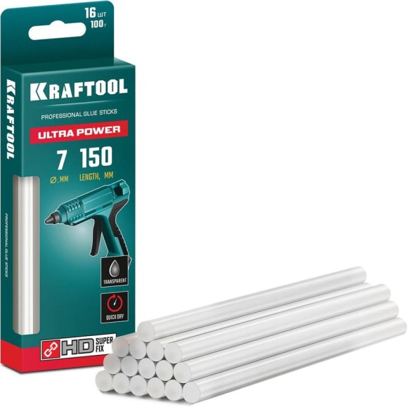 Ультрамощные прозрачные клеевые стержни KRAFTOOL Ultra Power 16 шт, 7x150 мм 06837-16 Ультрамощные прозрачные клеевые стержни KRAFTOOL Ultra Power 16 шт, 7x150 мм 06837-16