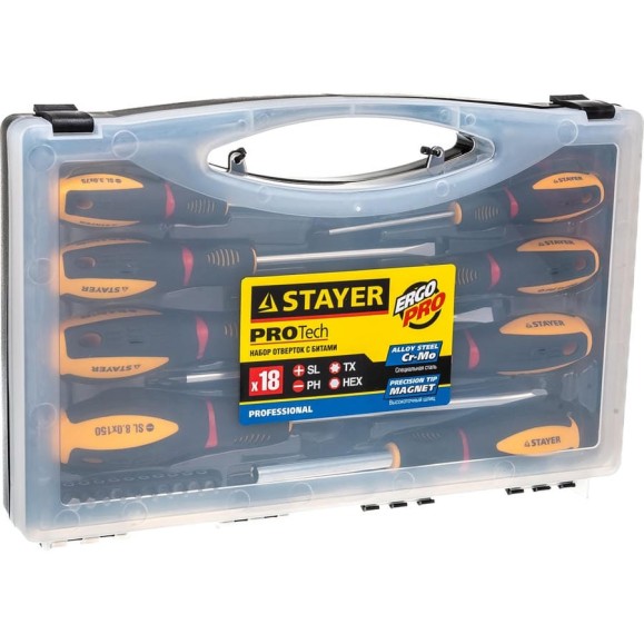 Набор отверток STAYER PROFESSIONAL PROTech Cr-Mo, отвертки 7шт, отвертка-битодержатель, биты 10шт 25133-H8_z02 Набор отверток STAYER PROFESSIONAL PROTech Cr-Mo, отвертки 7шт, отвертка-битодержатель, биты 10шт 25133-H8_z02